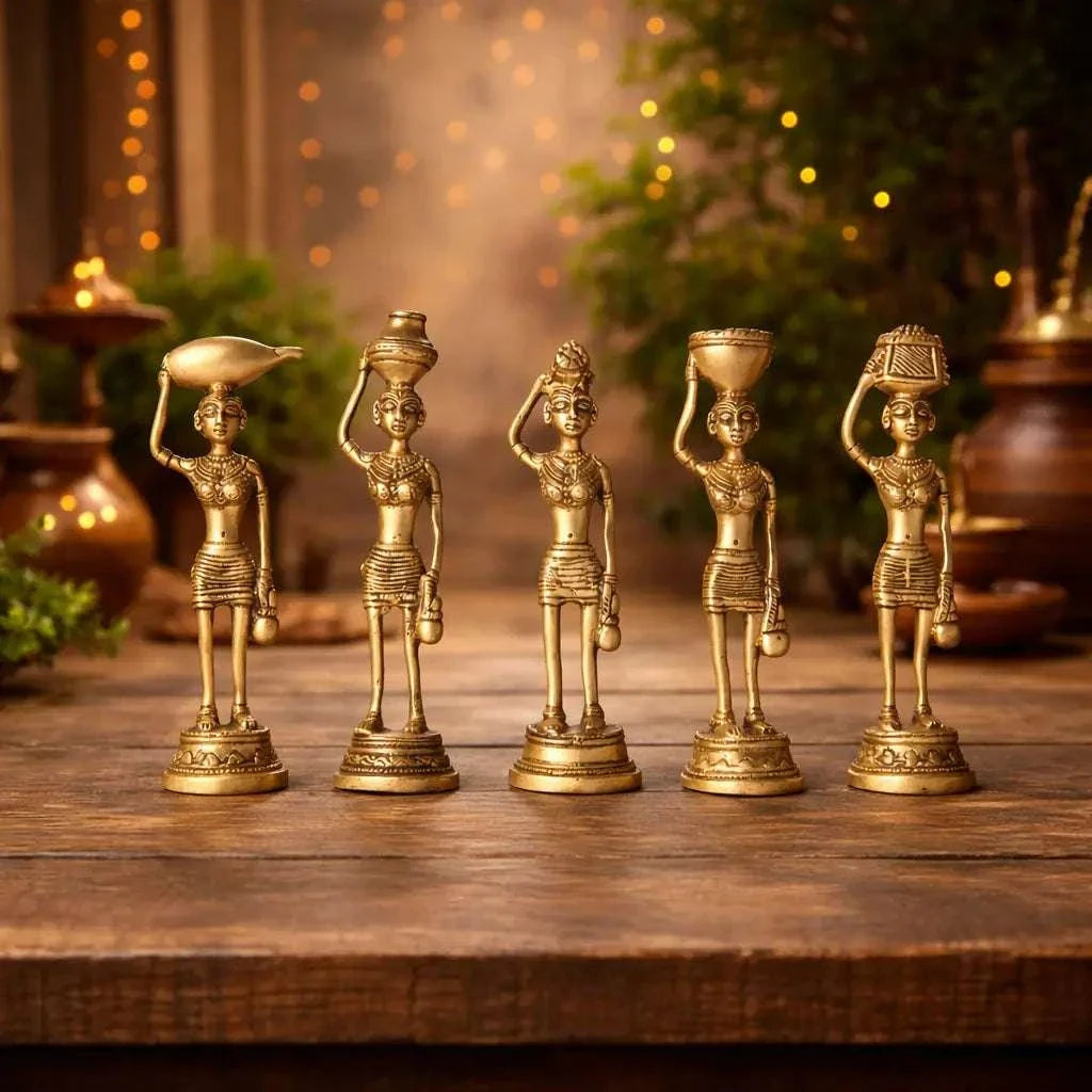 Brass Tribal Lady Statue Decor Set Of Five (7.5 Inch)