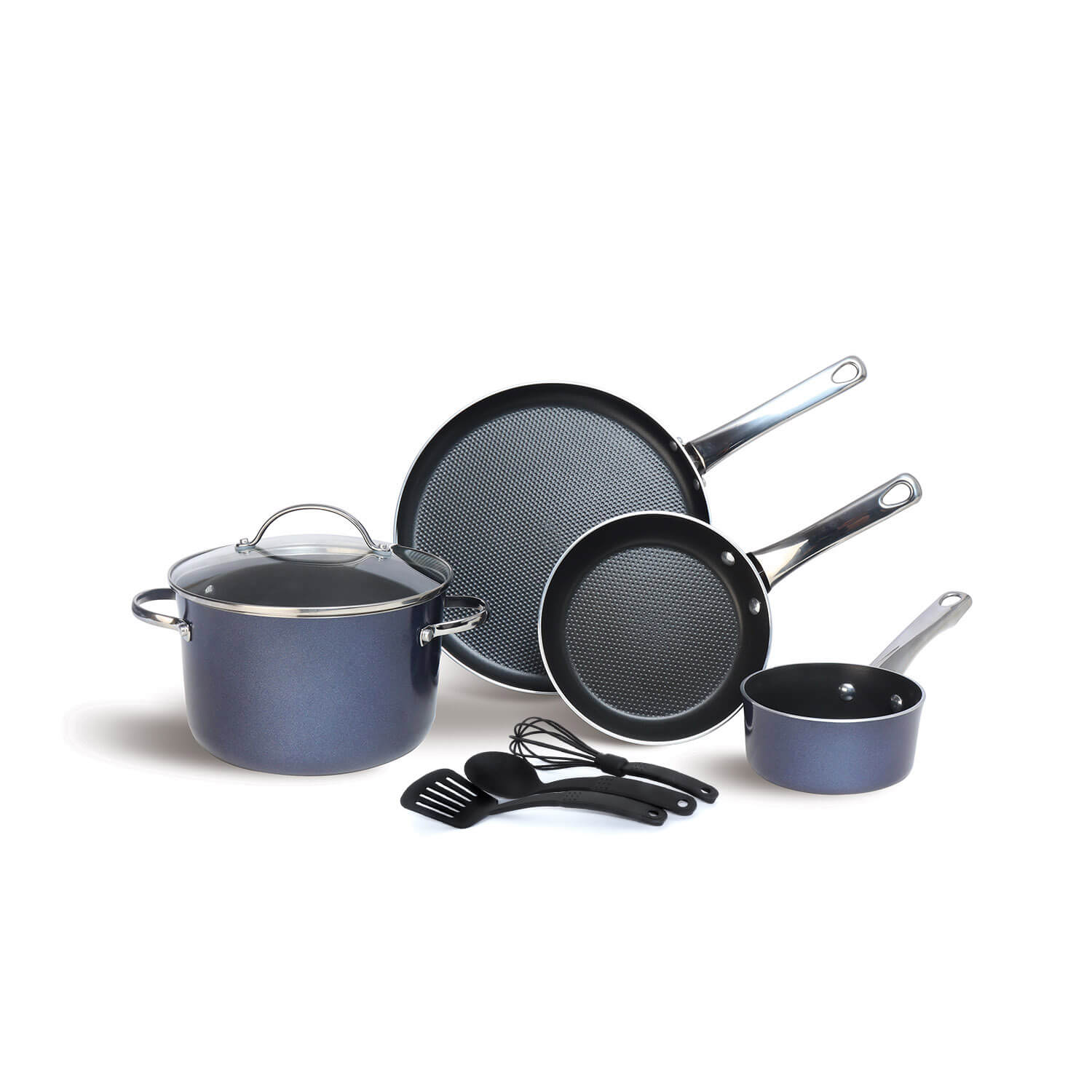 Meyer Luminescence Non-Stick 8pcs Cookware Set, Blue (Saucepan+Casserole/Biryani Pot+Frypan+Flat Tawa+Accessories)
