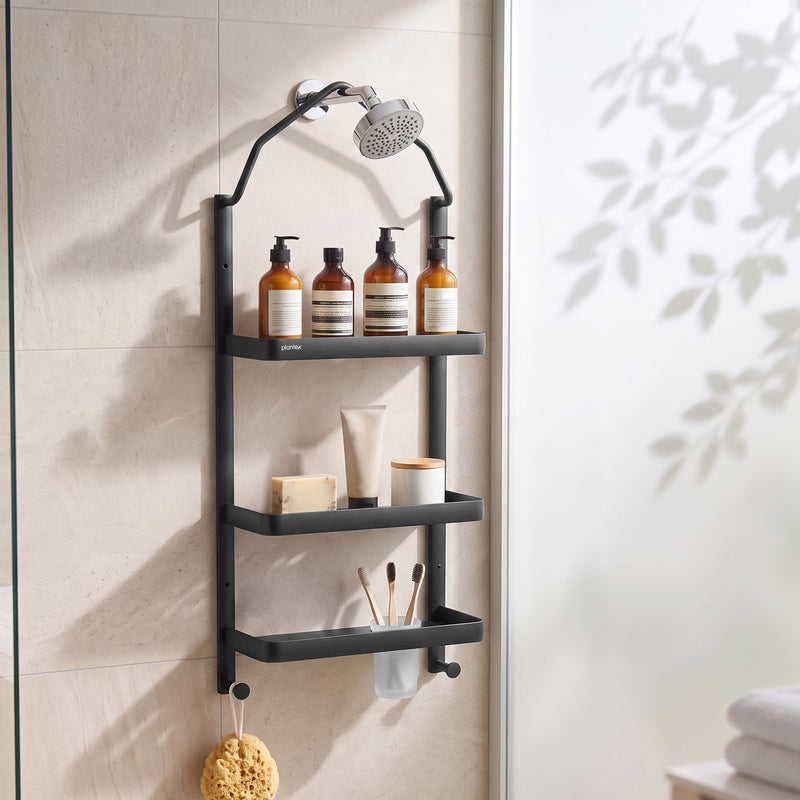 Plantex Stainless Steel Shower Rack/Self Adhesive Shower Caddy for Bathroom Hanging/3 Layer Shower Shelf for Bathroom with Soap Dish Holder,Toothbrush Holder (1520, Black)-1