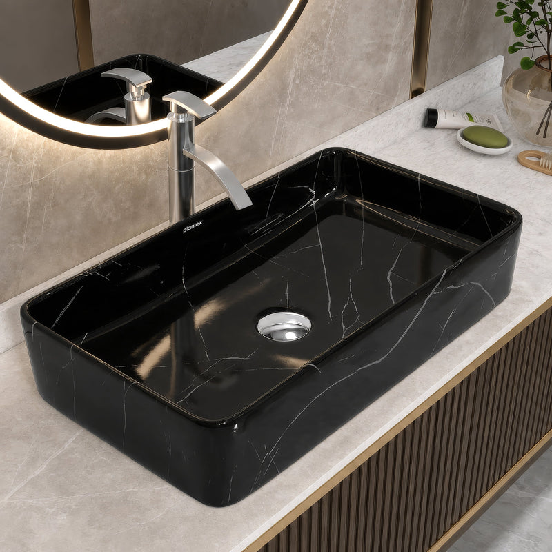 Plantex Ceramic Countertop Basin/Tabletop Washbasin/Bathroom Basin Sink/Marble Washbasin for Kitchen (White Veins, 24 x 13 x 5 Inch)-1