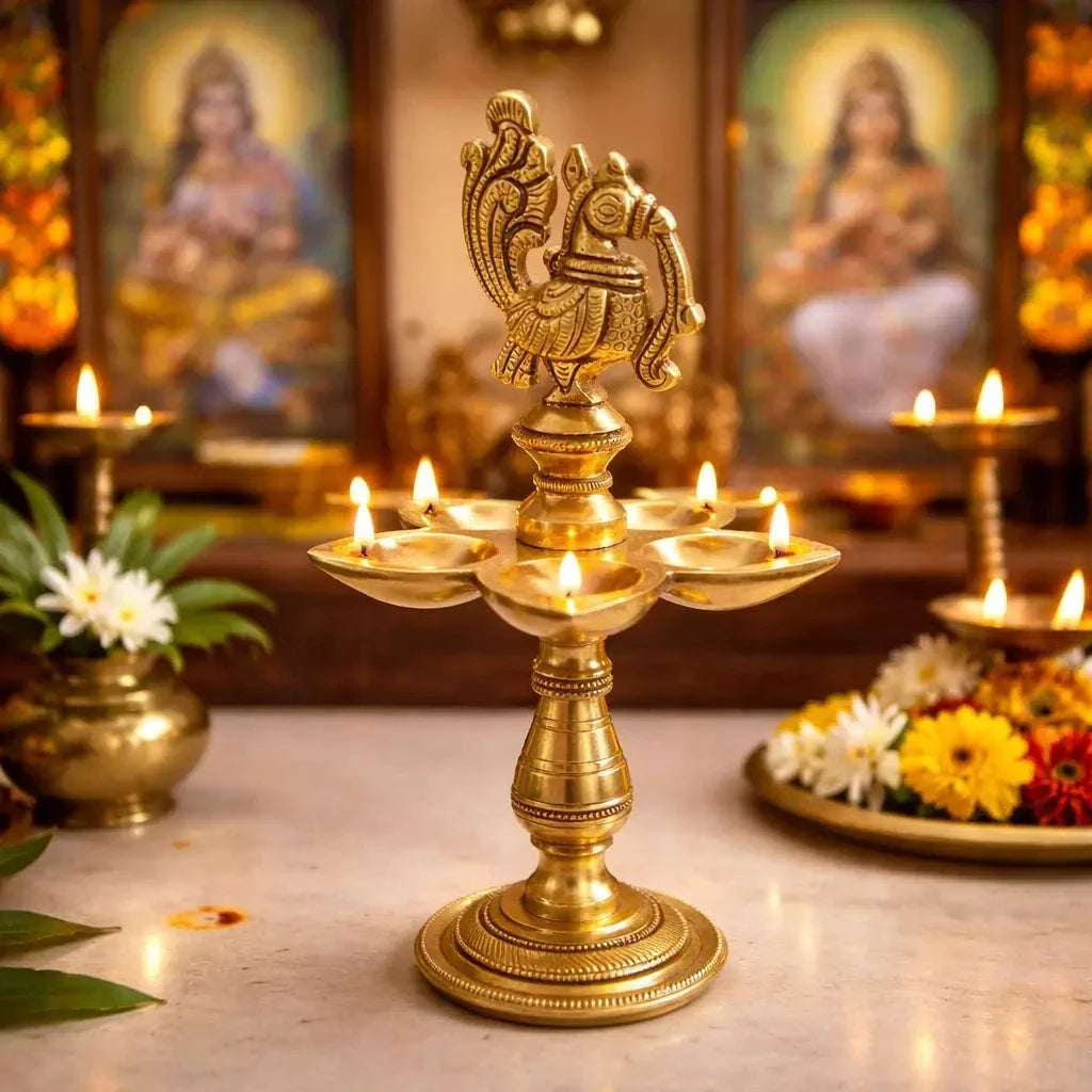 Brass Ethnic Five Petal Peacock Diya / Lamp (7.5 Inch)