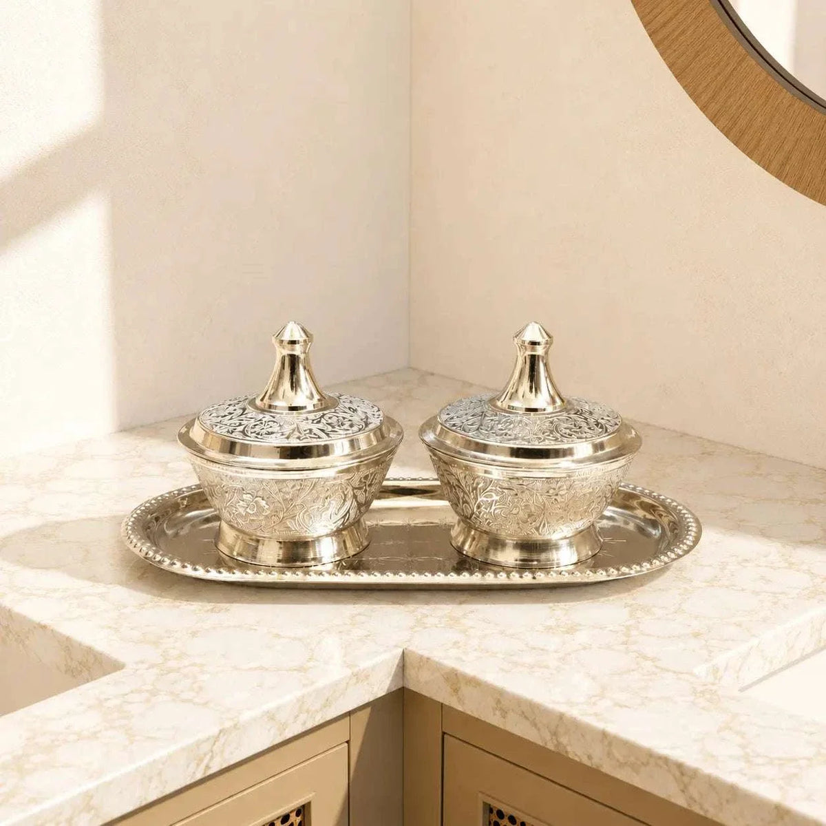 Brass Silver Plated Twin Bowl Set with Lids And Tray (3 Inch)