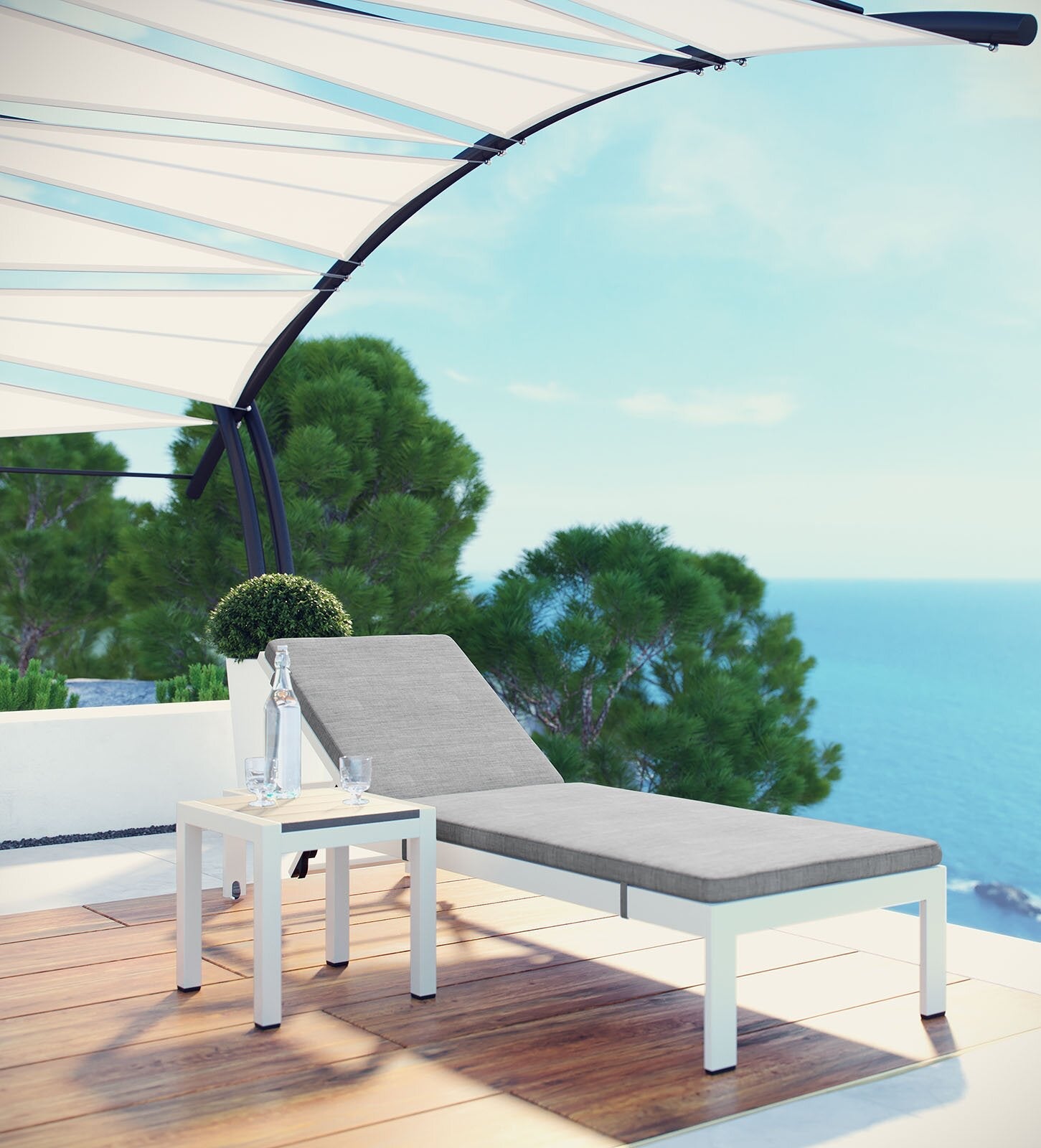 Bright Outdoor Swimming Poolside Lounger With  1 Side Table (White)
