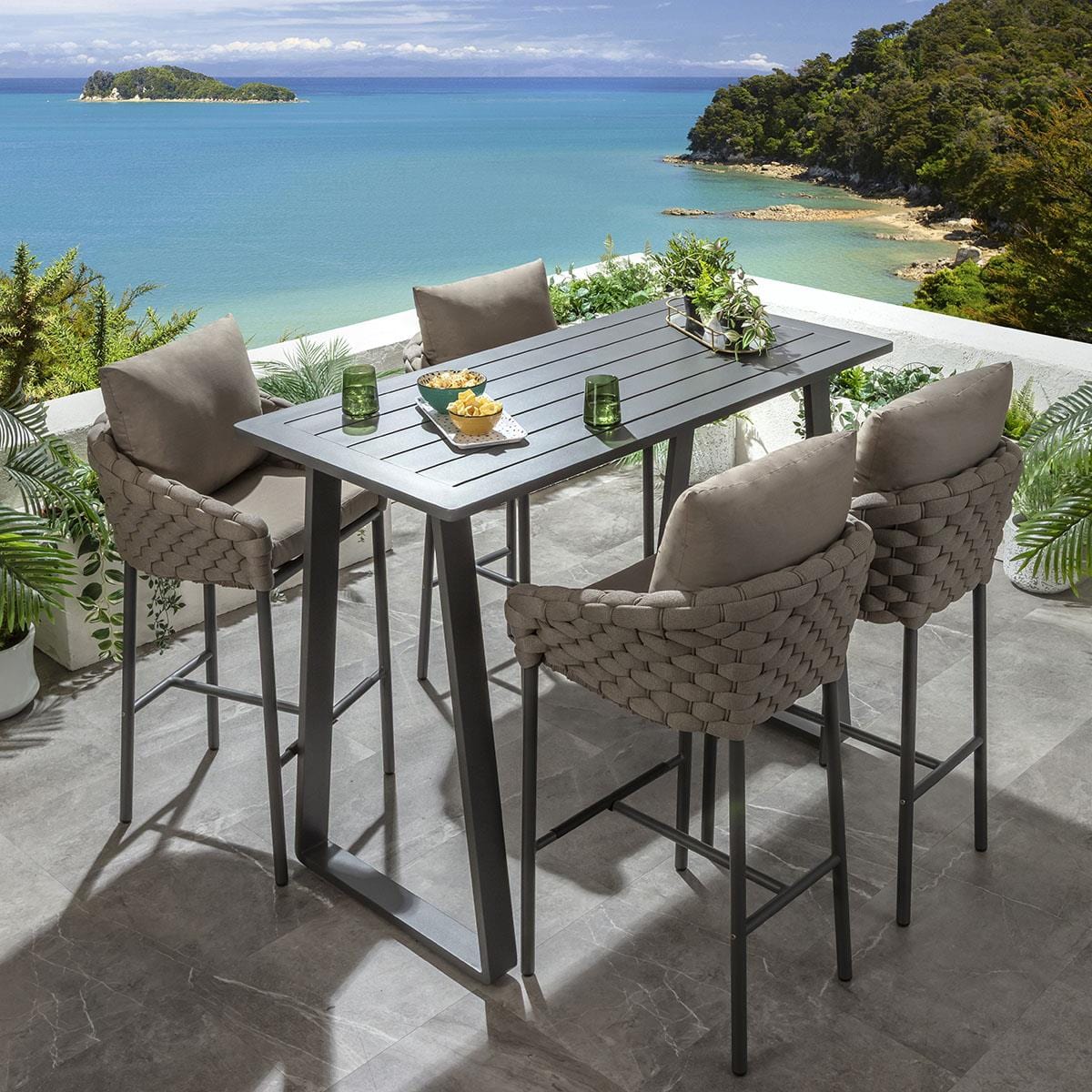 Azura Outdoor Patio Bar Set 4 Chairs and 1 Table Set (Beige) Braided & Rope