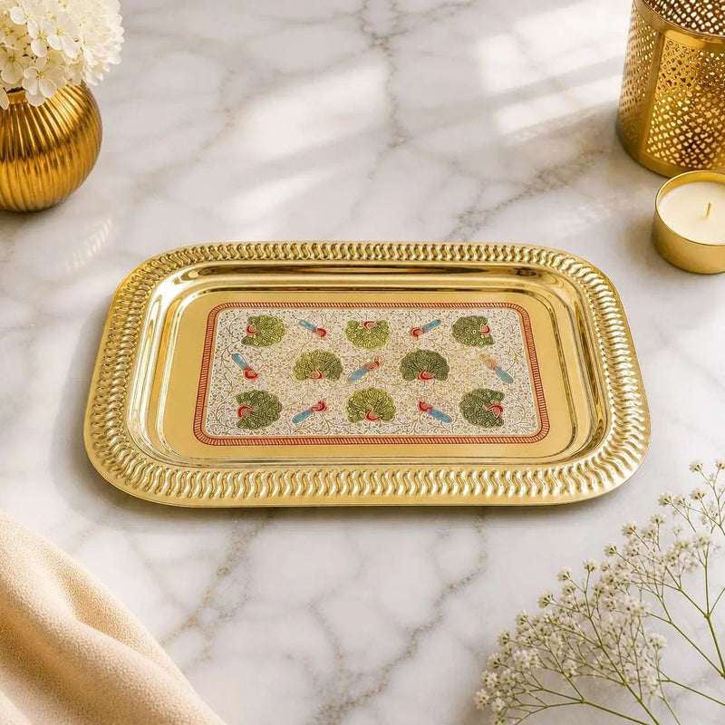 Brass Hand Painted Peacock Serving Tray / Platter