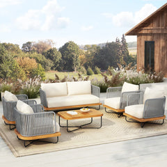 Logema Outdoor Garden Balcony Sofa Set 2 Seater,4 Single Seater With 1 Table Set, Braid & Rope (Grey + Beige)