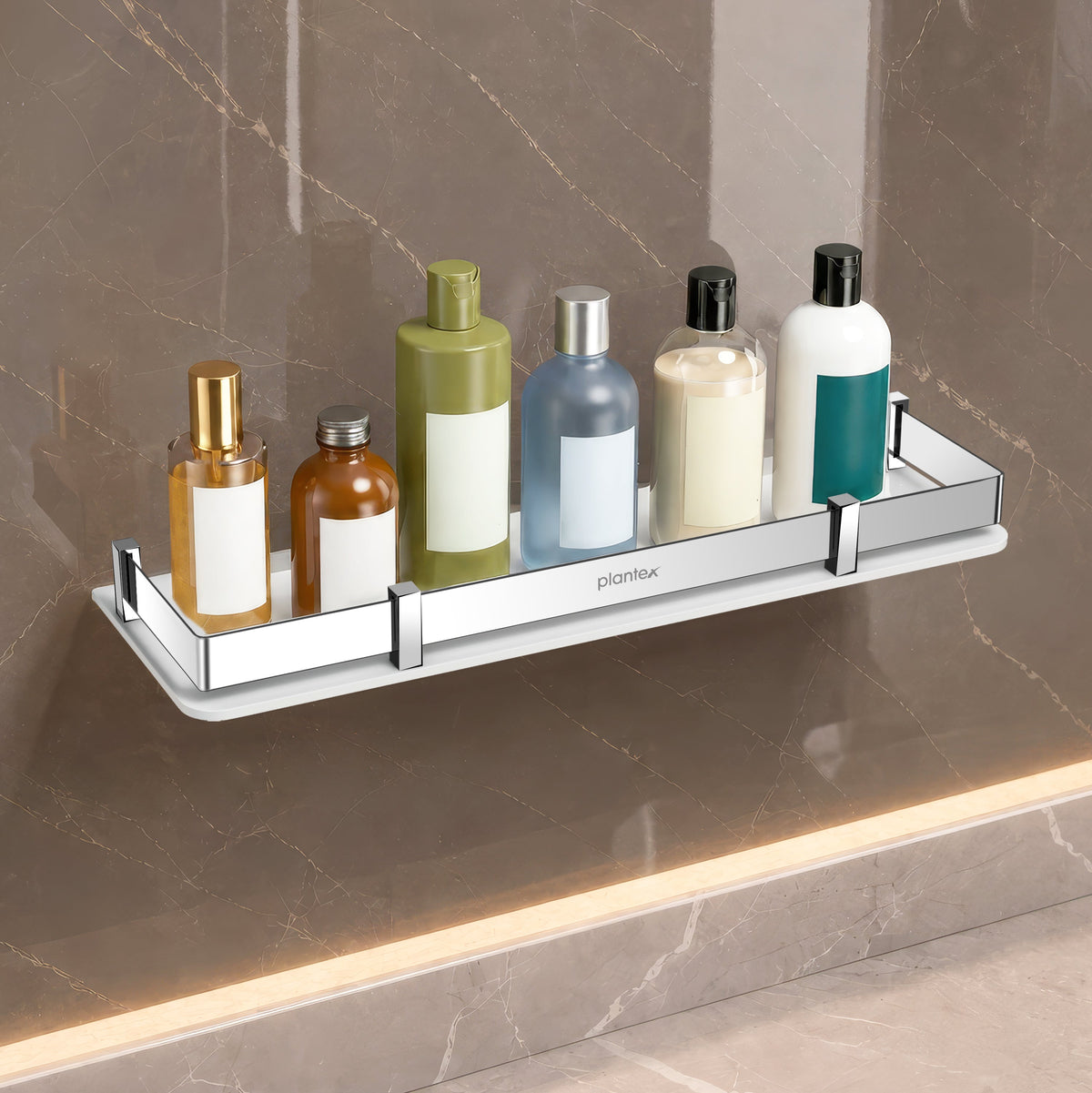 Plantex Wall Shelf for Bathroom Storage/Acrylic Washroom Shelf Organizer with Stainless Steel Railings/Bathroom Accessories (White, 15x6 inches)-1