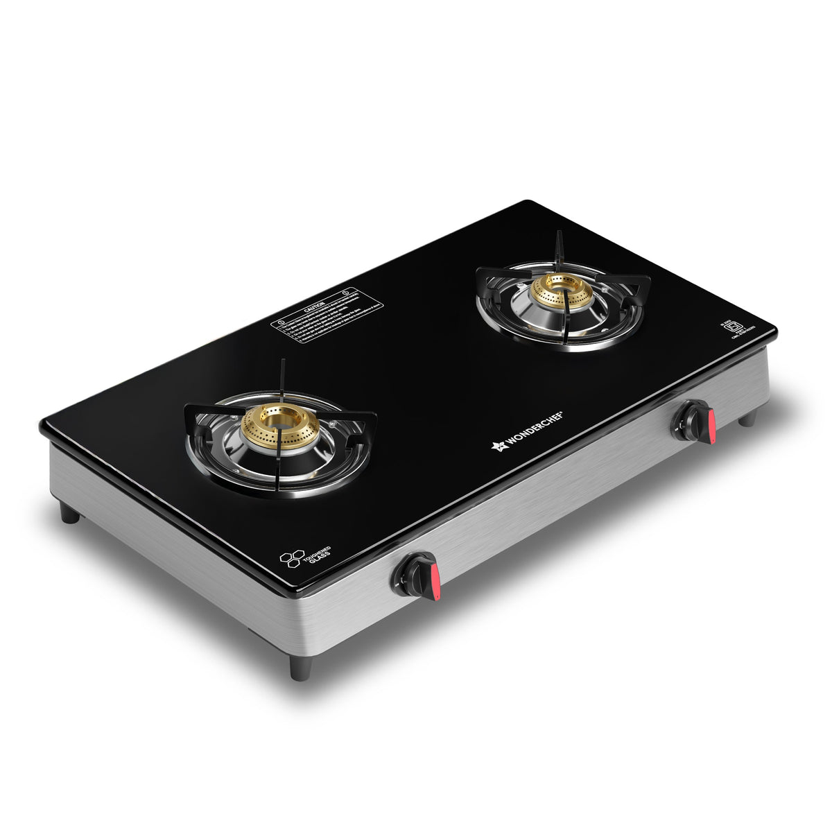 Wonderchef Regal 2 Brass Burner Gas Stove, LPG Gas Stove for Kitchen, ISI Toughened Glass Surface, SS Frame, Spill-proof