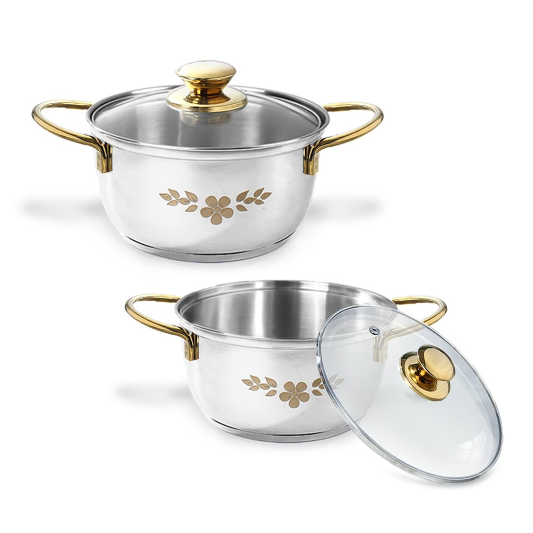 Wonderchef Gold Stanton 2 Pc Casserole Set with Glass Lids, 20 cm/22 cm, Chemical-free Food-grade Stainless-steel, Gold 