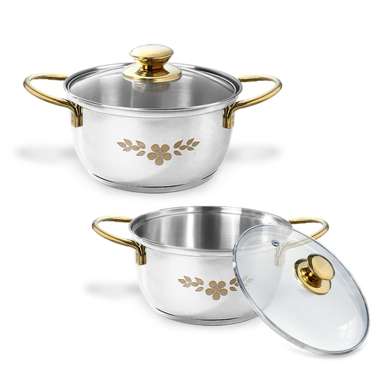 Wonderchef Gold Stanton 2 Pc Casserole Set with Glass Lids, 20 cm/22 cm, Chemical-free Food-grade Stainless-steel, Gold 