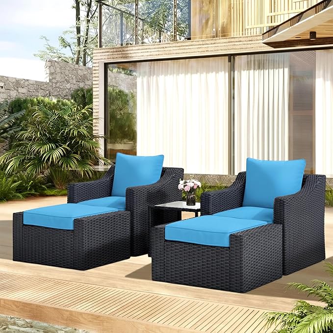 Alfonso Outdoor Patio Sofa Set 2 Single Seater , 2 ottoman and 1 Center Table Set (Black + Blue)