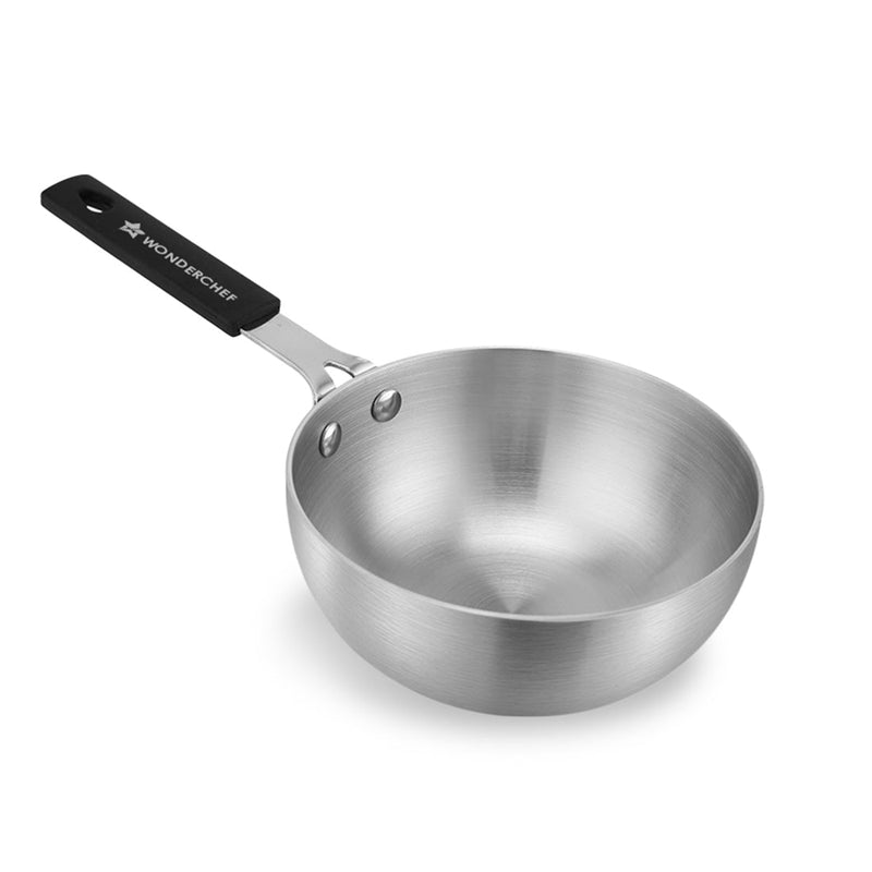 Wonderchef Venice Tri-ply Stainless-steel Mini Wok Tadka Pan | 650 ml, 14 cm | Cool-touch Silicone Handle | Warp-resista