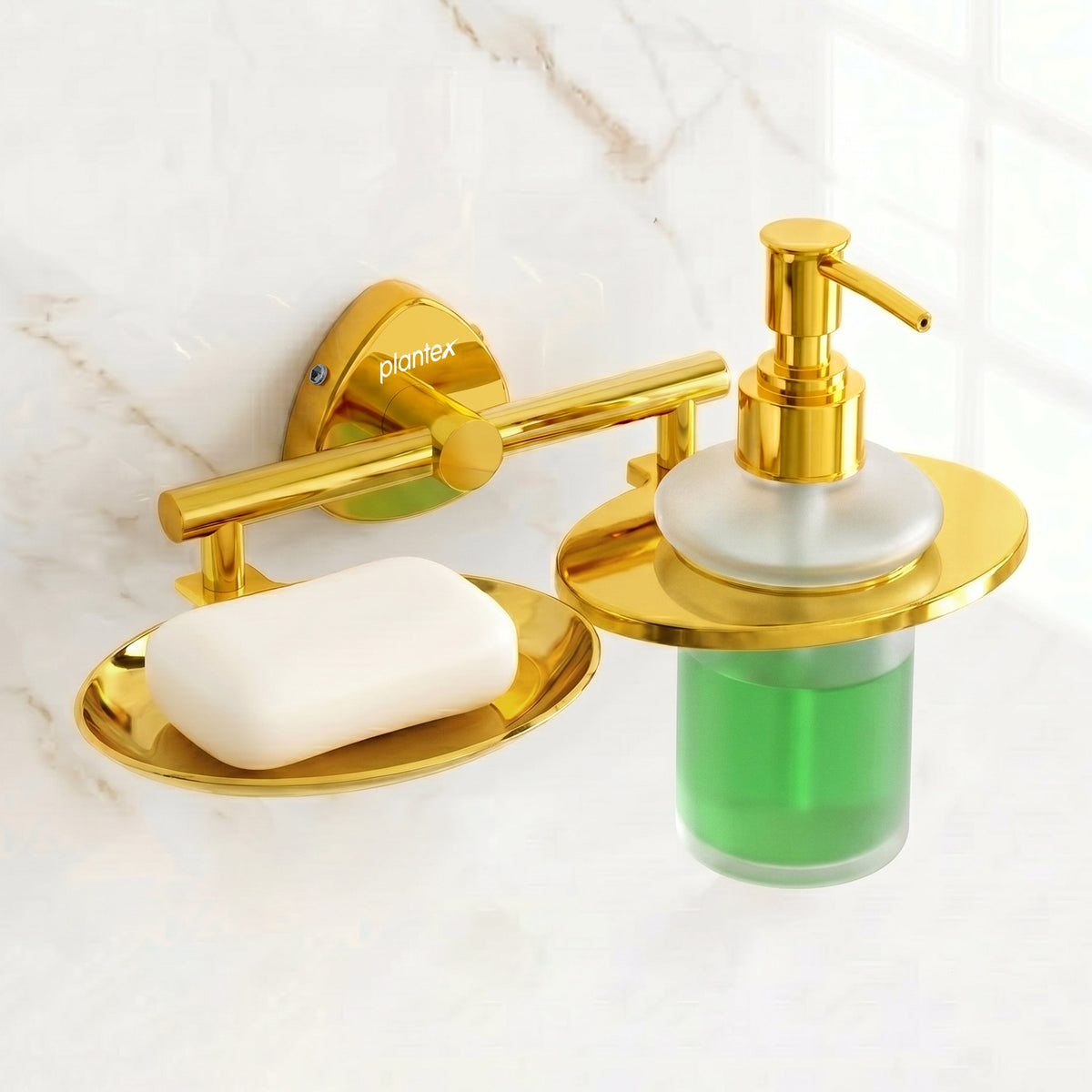 Plantex J4 Stainless Steel Soap Dish with Liquid Dispenser/Soap Stand for Bathroom Wall Mount/Shampoo Dispenser/Bathroom Accessories (PVD Gold Finish) Angel-1