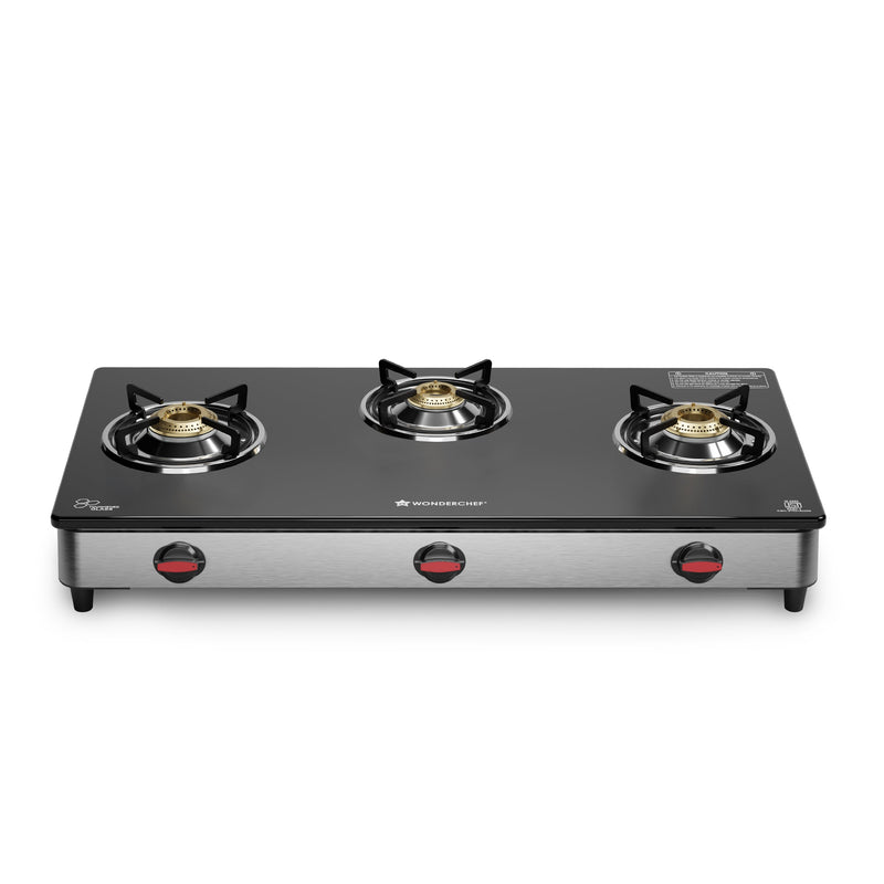 Wonderchef Galaxy 3 Burner Auto Gas Stove | 6mm Toughened Glass | Piezo Auto Ignition | 2 Years Warranty