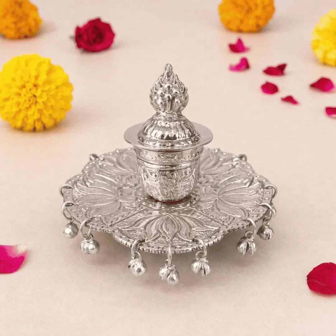 German Silver Kumkum Box With Ghungroo (3.5 Inch)