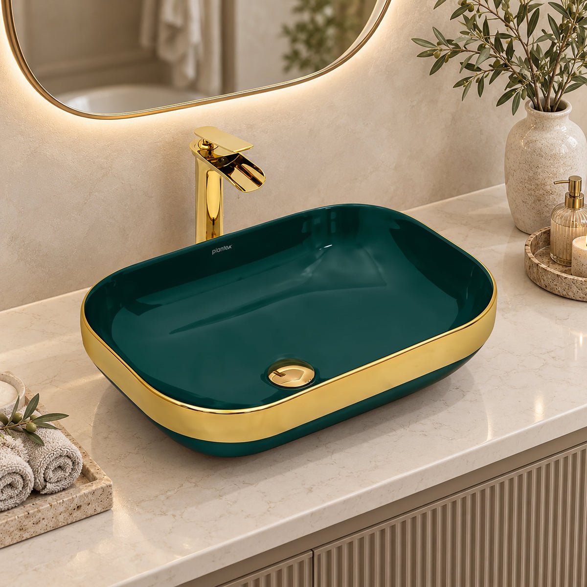 Plantex Wash Basin/Ceramic Table Top Wash Basin/Countertop Basin for Bathroom/Restaurants/Hotel Rectangular Green & Gold - 20 x 14 x 6 Inch)