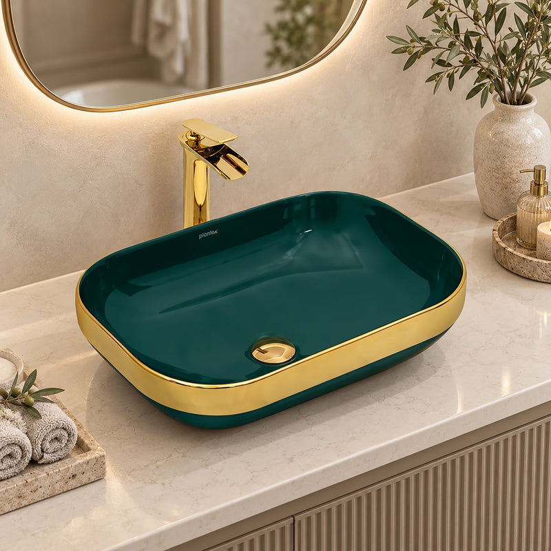 Plantex Wash Basin/Ceramic Table Top Wash Basin/Countertop Basin for Bathroom/Restaurants/Hotel Rectangular Green & Gold - 20 x 14 x 6 Inch)-1