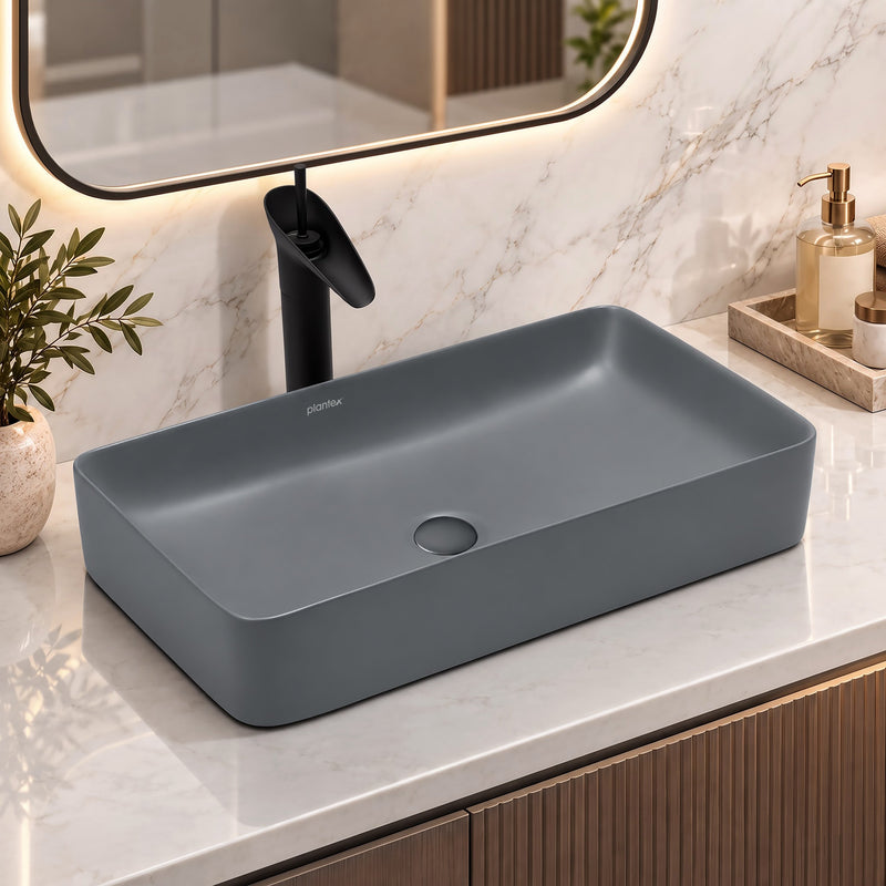 Plantex Ceramic Table Top Basin/Wash Basin for Bathroom/Over Counter Washbasin for Restaurant/Hotel (Rectangle - Matt Grey, 24 x 14 x 4.5 Inch)-1