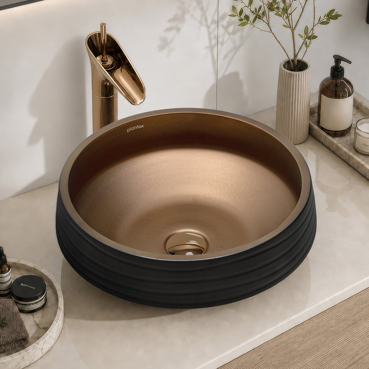 Plantex Designer Ceramic Basin/Table Top Wash Basin for Bathroom/Countertop Vessel Sink Basin for Home/Office/Restaurant (Black & Bronze - 15 x 15 x 6 Inch)-1