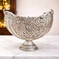 Brass Silver Plated Decorative Basket with Peacock Design (10 Inch)