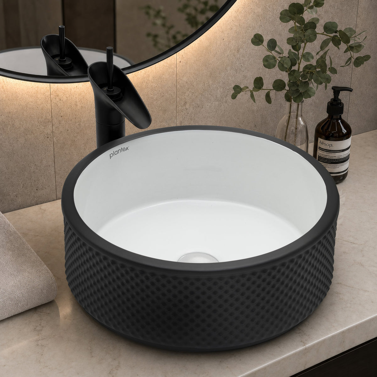 Plantex Round Ceramic Table Top Wash Basin/Designer Counertop Washbasin/Vessel Sink for Bathroom/Home/Restaurant (White & Black-17 x 17 x 6 Inch)-1