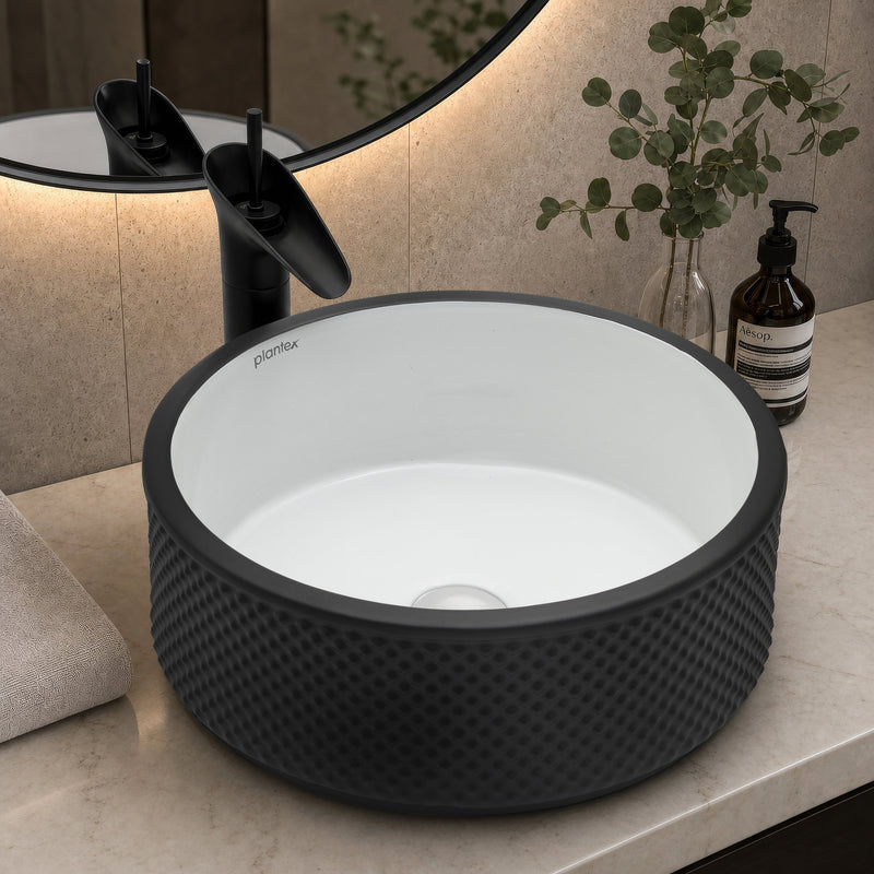 Plantex Round Ceramic Table Top Wash Basin/Designer Counertop Washbasin/Vessel Sink for Bathroom/Home/Restaurant (White & Black-17 x 17 x 6 Inch)-1
