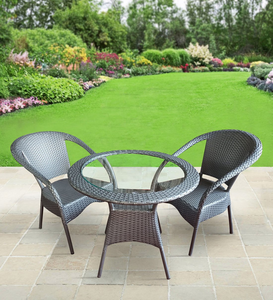 Rudra Outdoor Patio Seating Set 2 Chairs and 1 Table Set (Silver)