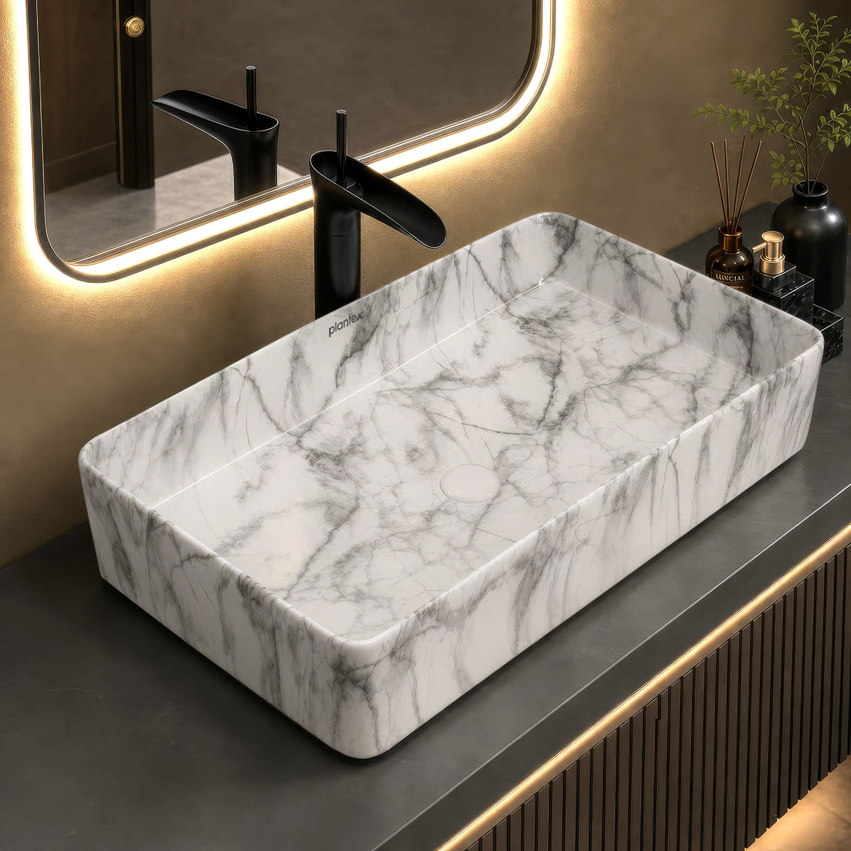 Plantex Table Top Marble Finish Basin/Ceramic Washbasin for Bathroom/Countertop Wash Basin for Home/hotel/Restaurant (24 x 13 x 5 Inch)-1