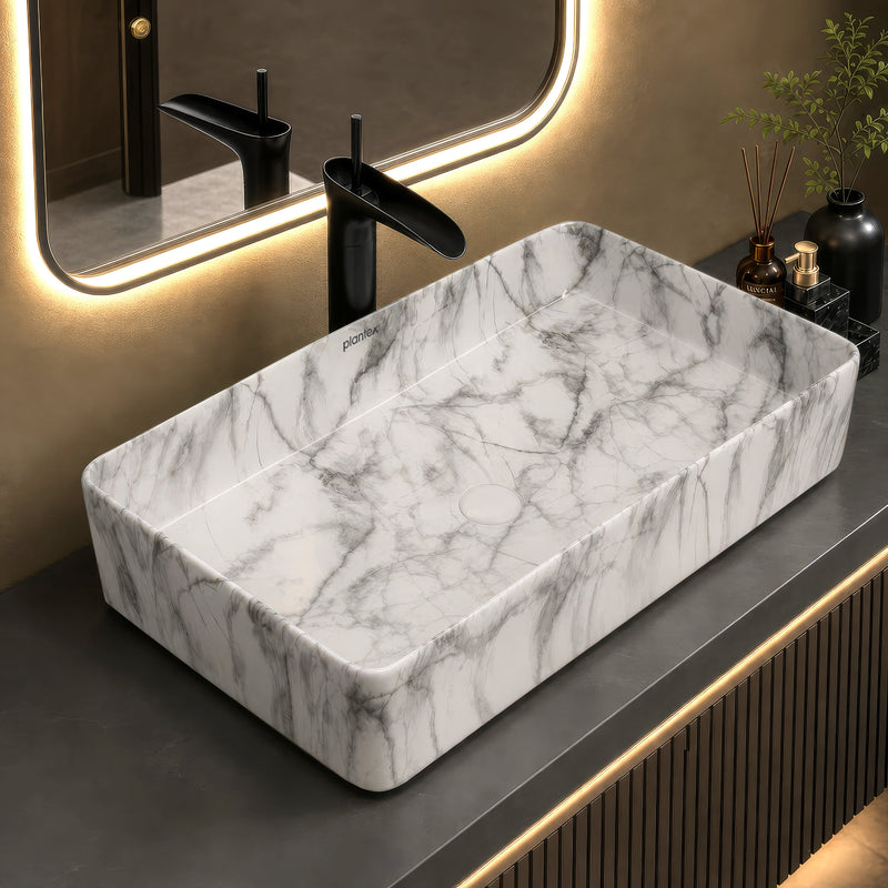 Plantex Table Top Marble Finish Basin/Ceramic Washbasin for Bathroom/Countertop Wash Basin for Home/hotel/Restaurant (24 x 13 x 5 Inch)-1