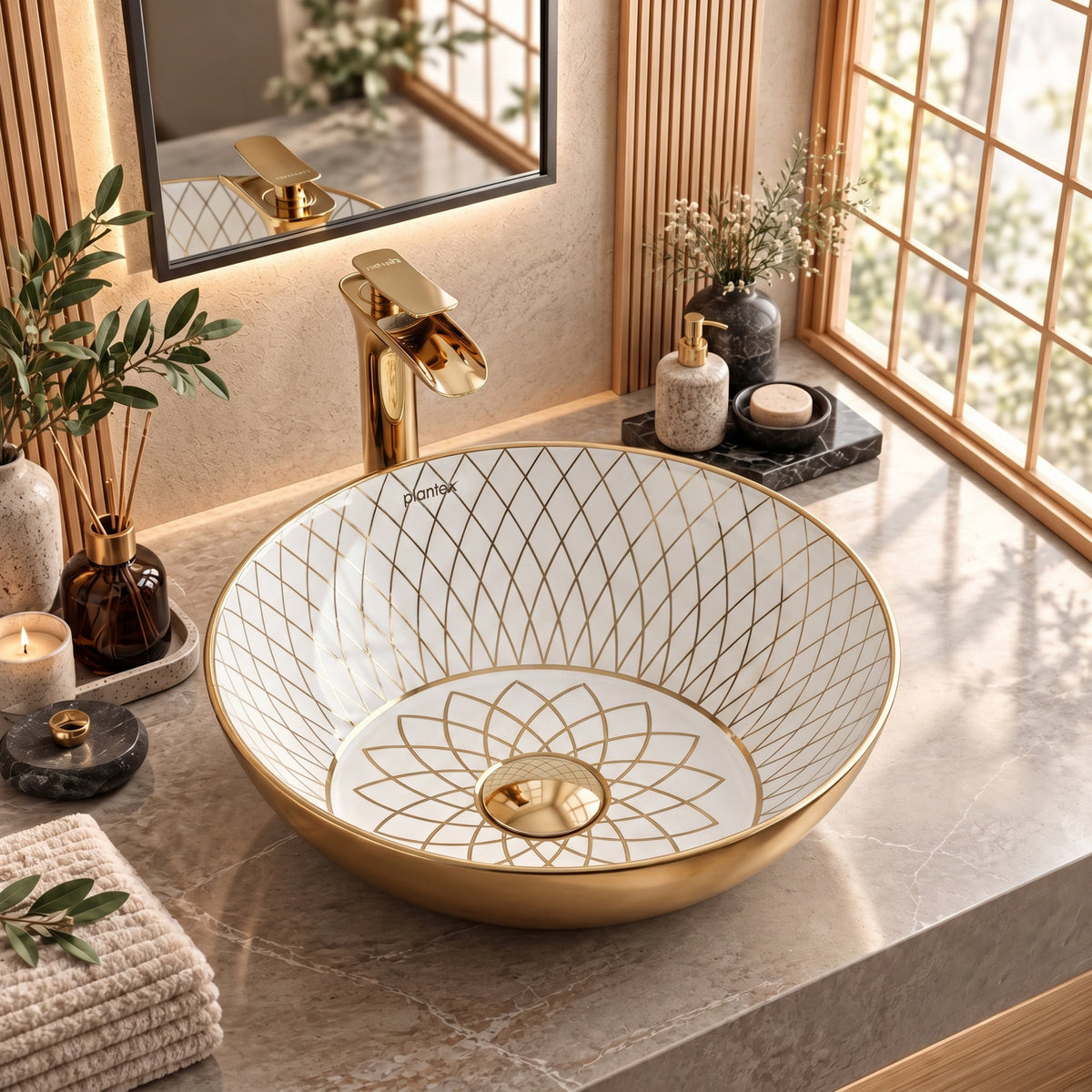 Plantex Table Top Wash Basin For Bathroom/Designer Ceramic Basin/Countertop Vessel Sink Basin - Indo-European Collection (NC-664, 16 x 16 x 5 Inch)-1