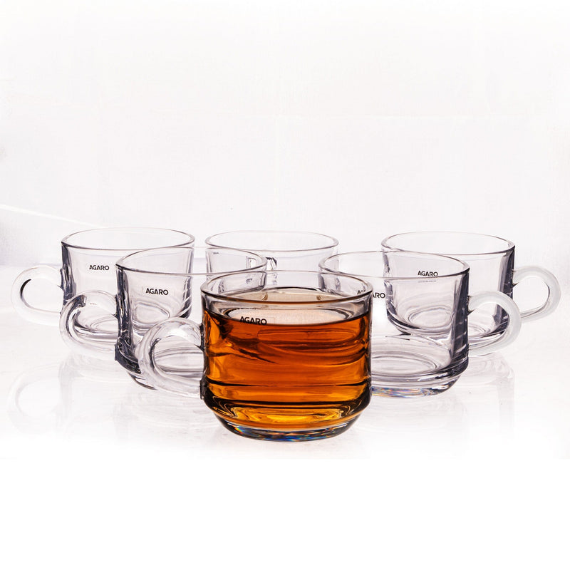 AGARO Elegant Glass Cup, 180ml, Set of 6, Crystal Clear Espresso Coffee Cup, Toughened Glass Wall with Handle, for Hot C
