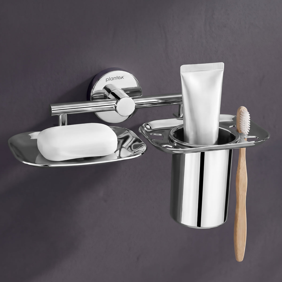 Plantex J4 Stainless Steel 2in1 Soap Dish with Tumbler Holder/Soap Stand/Tooth Brush Holder/Bathroom Accessories - (Chrome)-1