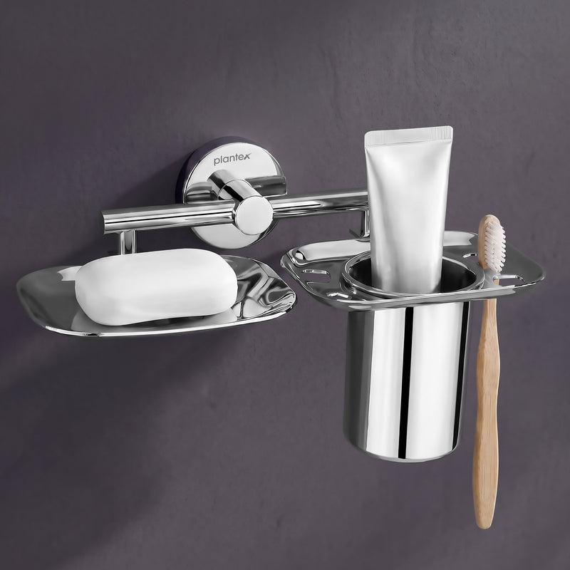 Plantex J4 Stainless Steel 2in1 Soap Dish with Tumbler Holder/Soap Stand/Tooth Brush Holder/Bathroom Accessories - (Chrome)-1