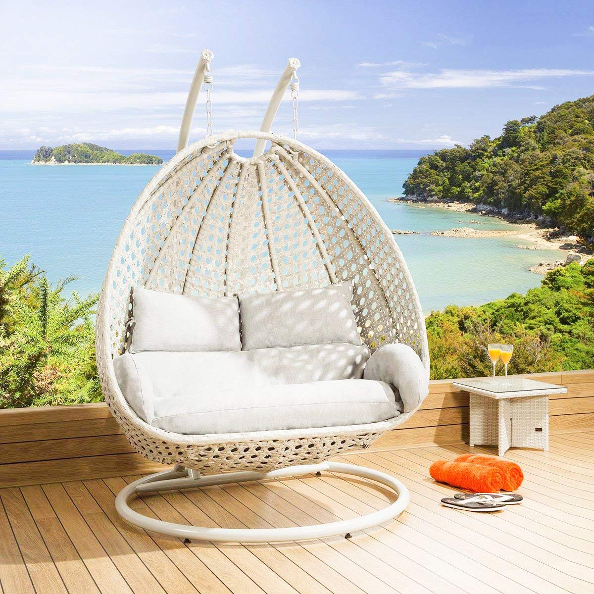 Fulvia Double Seater Hanging Swing With Stand For Balcony , Garden Swing (White)