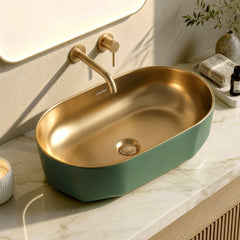 Plantex Designer Wash Basin for Bathroom/Ceramic Table Top Washbasin/Countertop Vessel Sink Basin - (Green Gold, 22 x 13 x 6 Inch)-1