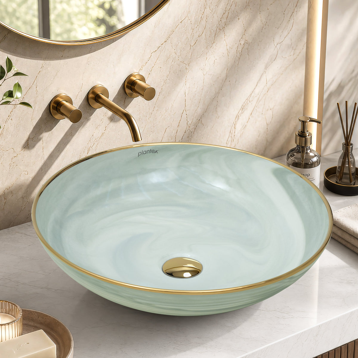 Plantex Wash Basin/Ceramic Table Top Wash Basin/Designer Countertop Basin for Bathroom/Restaurants/Hotel (Mint green & Gold - 16.5 x 16.5 x 4 Inch)-1