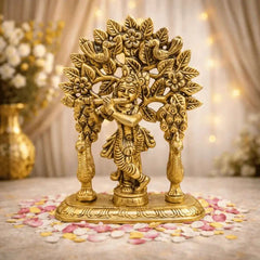 Brass Lord Krishna Standing Statue With Tree And Peacock (5 Inch)