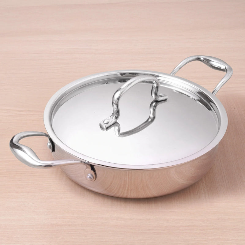 Tri-ply Stainless Steel Saute Pan (22cm, 2L) – No Sticking, No Burning | With Steel Lid | Fast Heating, Healthy Cooking | Induction Safe