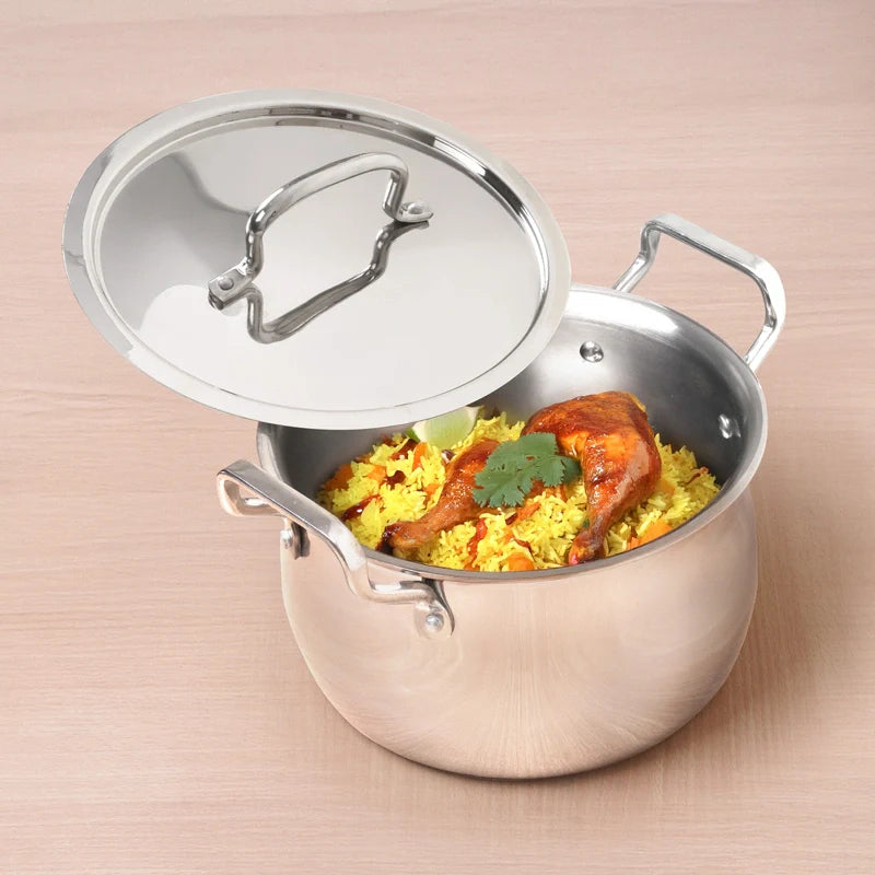 Tri-ply Stainless Steel Handi Shaped Biryani Pot/ Casserole/ Sauce Pot with Steel Lid, Premium Quality, 3 Layer Thick Body, 100% Toxin-free, Non-stick, Induction & Gas, 2L/2.6L/4L/4.5L/6.5L