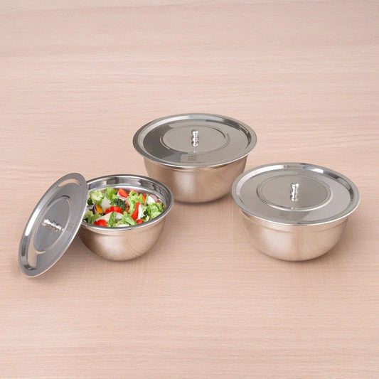 100% Toxin-free Premium Quality  Tri-Steel Stainless Steel Mixing Bowl Set with Lids – 3 Pieces, Food-Safety, Ideal for Mixing, Marinating & Storage (0.7L/1.0L/1.3L)