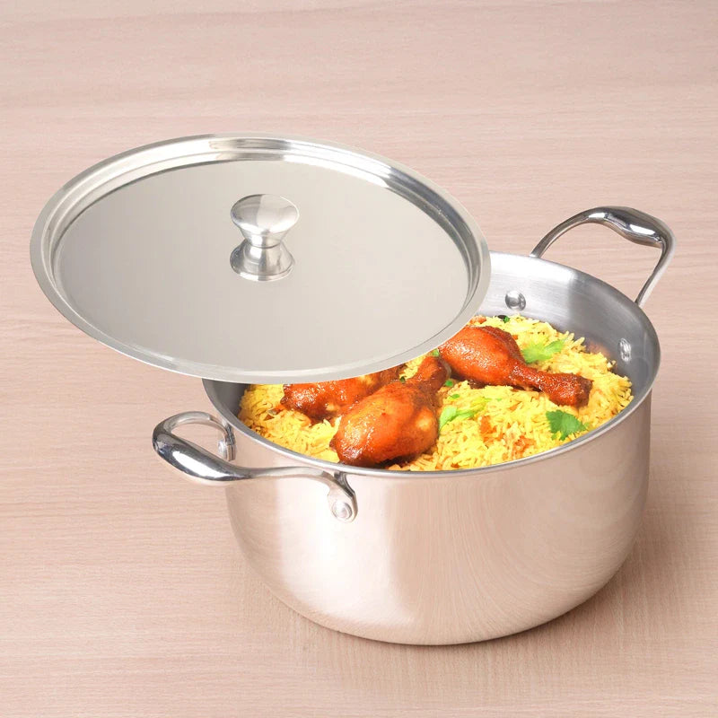 Tri-ply Stainless Steel Biryani Pot/ Casserole/ Sauce Pot with Steel Lid, Premium Quality, 3 Layer Thick Body, 100% Toxin-free, Non-stick, Induction & Gas 3.2L/3.7L/5.5L/8.5L