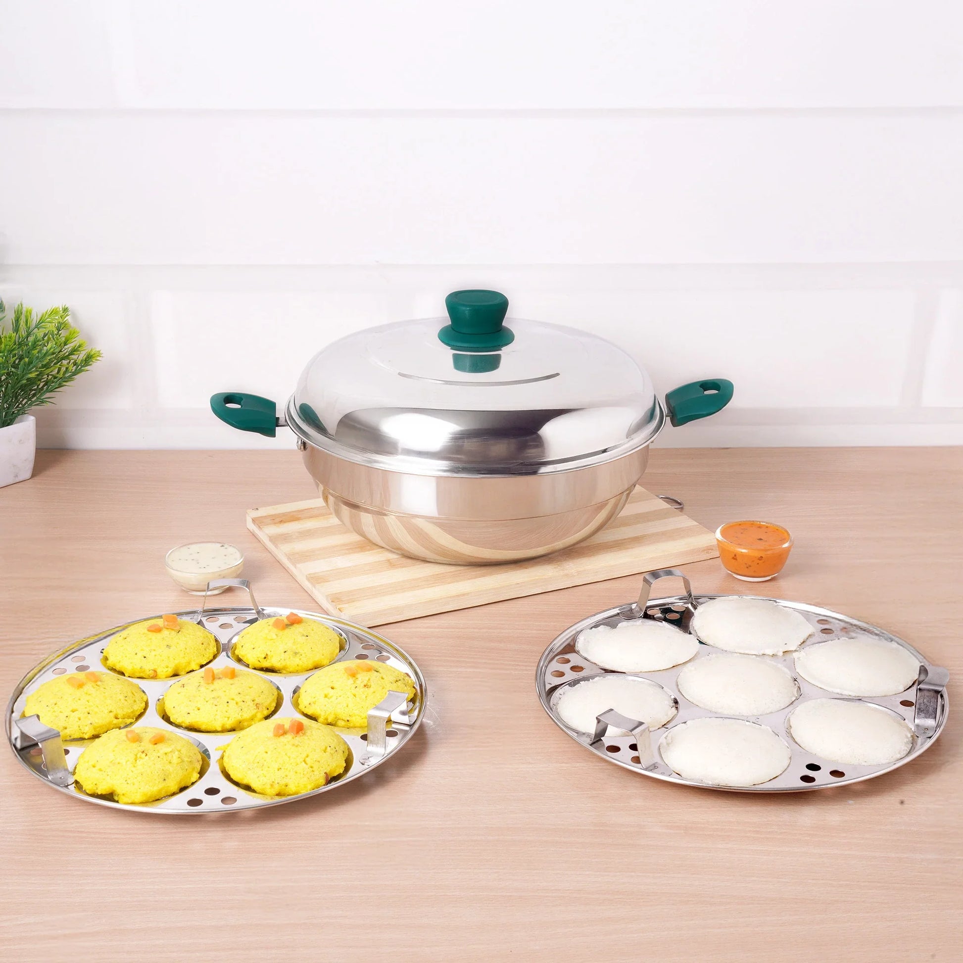 14 Pit Tri-Steel Multi Pot Premium Stainless Steel Idli/ Momo Maker/  Veg Steaming Set, Tri-ply Induction Bottom, 2 Plates, 27cm
