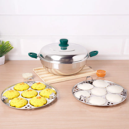 14 Pit Tri-Steel Multi Pot Premium Stainless Steel Idli/ Momo Maker/  Veg Steaming Set, Tri-ply Induction Bottom, 2 Plates, 27cm
