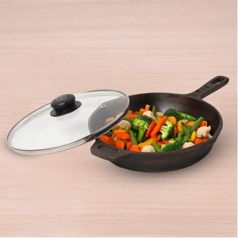 Super Smooth Cast Iron Fry Pan, Glass Lid, 100% Pure, Toxin-free, Pre-seasoned, Induction, Non-stick, 20.3/25.4cm, 1.3/1.7L, 2.3/2.4kg