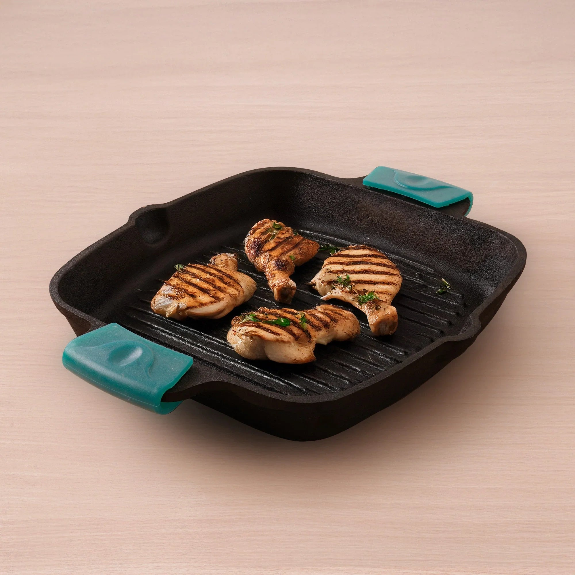 CASTrong Cast Iron Double Handle Grill Pan with Silicon Handle, Pre-seasoned, Naturally Nonstick, 100% Pure, Toxin-free Grill Pan for Kitchen Use, 10.4 In/26.5 cm/2 kg
