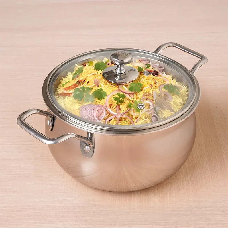 TurboCuk Tri-ply Stainless Steel Handi Casserole/ Biryani Cooking Pot+ Glass Lid, Premium Quality, 3 Layer Thick Body, 100% Toxin-free, Non-stick, Induction & Gas, 4L