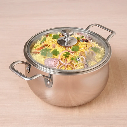 TurboCuk Tri-ply Stainless Steel Handi Casserole/ Biryani Cooking Pot+ Glass Lid, Premium Quality, 3 Layer Thick Body, 100% Toxin-free, Non-stick, Induction & Gas, 4L