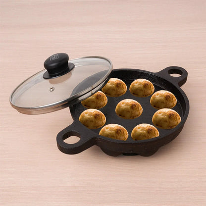 9 Pit/Cup CASTrong Cast Iron Paniyaram/Appe Pan+ Glass Lid, Pre-seasoned, Natural Nonstick, 100% Pure, Toxin-free, 21 cm, 2.7 kg
