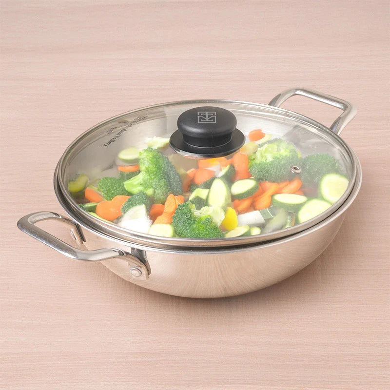 TurboCuk Tri-ply Stainless Steel Kadai+ Glass Lid, Premium Quality, 3 Layer Thick Body, 100% Toxin-free, Non-stick, Induction & Gas, 1.7/2.7/3.5L