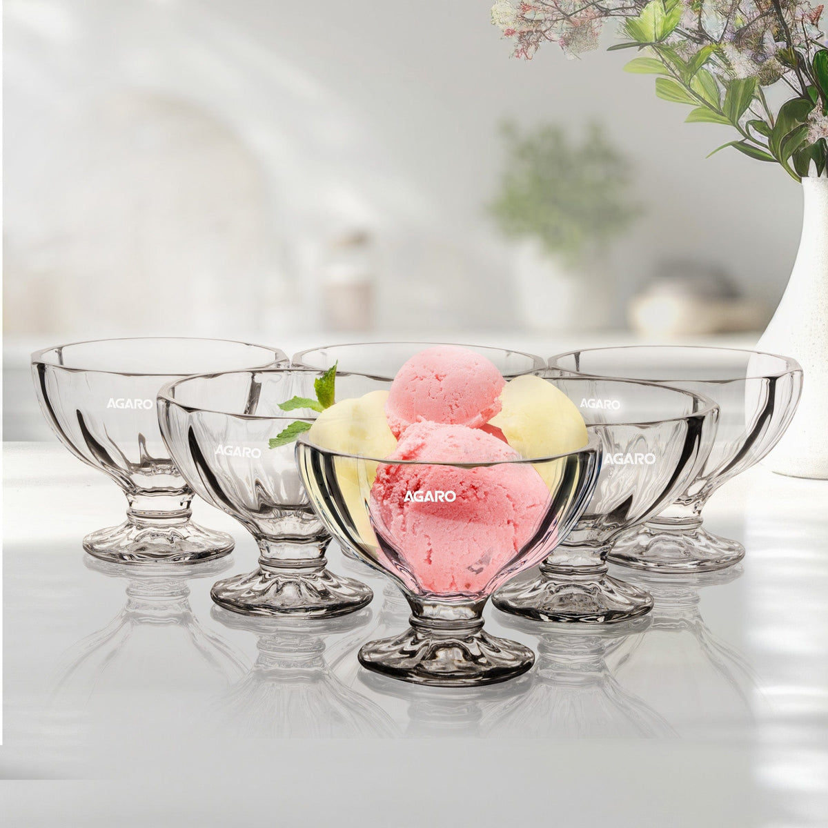 AGARO Glass Elegant Ice Cream Bowl 140ml Set of 6, Ice Cream Bowl, Dessert Cup for Sundae, Sweets, Snacks, Fruit, Puddin